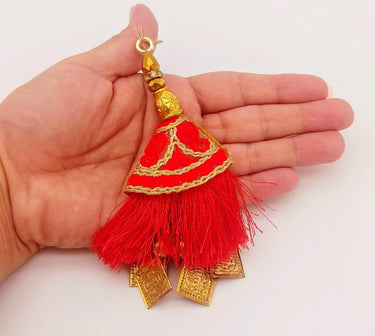 Red Tassels With Gold Beads, Beaded Tassels With Red and Gold Embroidery, Traditional Indian Latkan